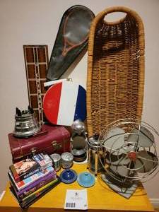 lot 80 image: Awesome Assortment,Vintage Carrying Bags,Aluminum Custard Molds,(2) Fiesta Ware Tea Pot Tops,Fly Swatter,Pee Wees Playhouse Seasons 1 & 2 DVDs  5 Basket,Bowling Ball In Case,French Press,Juice-O-Mat,Blender Base,Cribbage Board & More