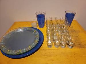 lot 81 image: 23 shot glasses by Libbey, 2 Blue Drink Glasses, 2 glass hand painted plates