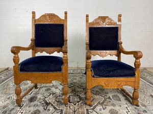 lot 92 image: Two Rare Antique 1937 Hand-Carved King and Queen Chairs (Valued $1500)