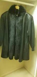lot 151 image: Black Leather Jacket with Fox Trim  Size XL