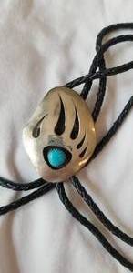 lot 133 image: Vintage Silver and Turquoise Bear Paw Bolo Tie