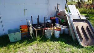 lot 6 image: Miscellaneous Tubs, Crates, Tables, Garbage Can, Pails, Propane Tanks, Gas Cans, Etc.