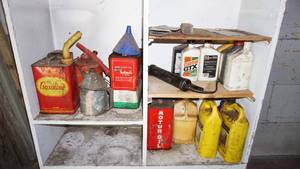 lot 22 image: Gasoline Cans-Hydraulic Oil--Castrol GTX 10 W 40 Motor Oil--Etc.