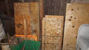 lot 37 image: Wood Boards--Five Gallon Pails--Green Recycle Bin & Pail W Wood Pieces In It