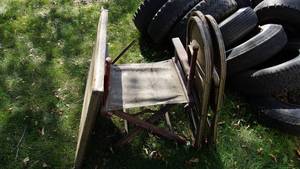 lot 40 image: Antique Fold Up Lawn Chair & Two Antique Metal Folding Chairs--No Padding On Seats