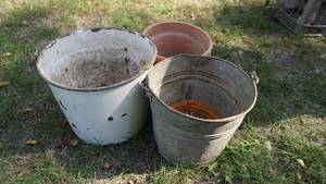 lot 52 image: Two Vintage Pails & One Vintage Flower Pot