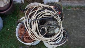 lot 65 image: Four Buckets Of Miscellaneous Wire & An Old Washer Motor & Jumper Cables