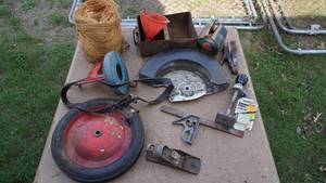 lot 71 image: Miscellaneous Items--Ball Of Twine--Vintage Hand Planer--Sealed Beam AC Guide Head Light--Old Wheel,  Etc.