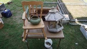 lot 93 image: Wooden Tool Box-Childs Rocking Chair-Little Green Tea Pot-Bird House  25 12  x  11-Kids Swimming Pool