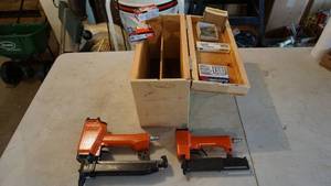 lot 213 image: Airy Brad Nailers & Nails In Homemade Wooden Case