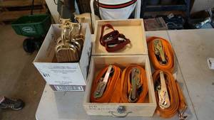 lot 217 image: Four Large Heavy Duty Tie Down Straps--Two Small Tie Down Straps In A Hand Made Wooden Case--A Ceiling Fan