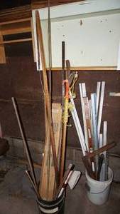 lot 114 image: Wood Pieces-- Grounding Rod For Power-- Tree Branch Trimmer Or Pruner--Six Levels--Two Framing Squares--Cedar Shingles