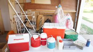 lot 141 image: An Assortment Of Coolers--(Playmate--Igloo)--White Metal Shopping Cart On Wheels--Two Vintage Lunch Pails--Green Vintage Metal Picnic Basket