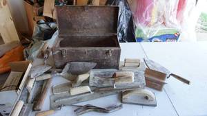 lot 147 image: Antique Metal Chest Filled With Masonry Tools