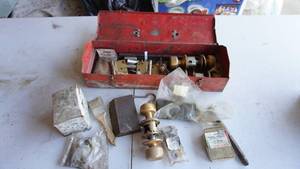 lot 148 image: Antique Red Metal Chest Filled With Nails-Screws-Chisels-Door Knobs