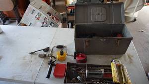 lot 162 image: Hard Plastic Tool Chest Filled W 12 Hammer Drill-Hole Saws-38 Electric Drill-Assortment Of Drill Bits