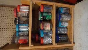 lot 247 image: Assortment Of Nails-Bolts- Etc.--Three Shelving Cabinet--Stain & Varnish