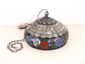 lot 30 image: Vintage 18 Tiffany Style Lead Glass Hanging Rose Lamp