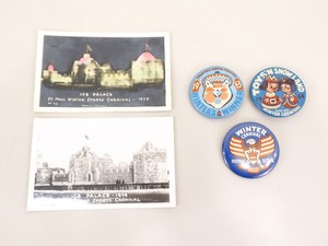 lot 42 image: 2 Antique 1939 Winter Carnival Real Photo Postcards and 3 Vintage Buttons