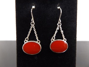 lot 63 image: .925 Sterling Silver Red Coral Cabochon Dangle Hook Earrings