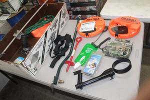 lot 1076 image: Lot of Misc Fishing Gear  - Frabill 10 Pro-Thermal Tip-Up, Midland Base Camp AMFMWXGRMS, Ice Escape Life Preserver, Fishing Reels, Fish Pole Mount,