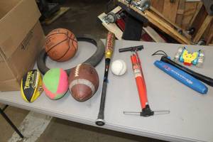 lot 1091 image: Sporting Equipment and Accessories  with Footballs, Basketball, Nerf Ball, Baseball Bat and Ball, Bike Tire, Bike Tire Pump