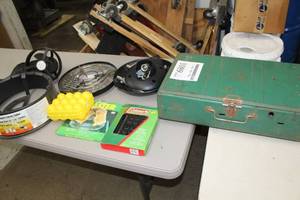 lot 1089 image: Camping Gear  with Coleman Camp Stove, Burner, Propane Cylinder Holder, Egg Container, Camp Stove Toaster