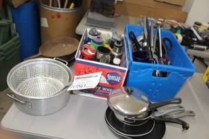 lot 1080 image: Cookware, Drinking Bottles  with Cooking Pans, Strainer, Cast Iron Pans, Water Bottles, Mugs and more