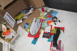 lot 1101 image: Fishing Gear  with Lures, Sinkers, Stringer Fingers Catch Carry Handle, Jigs, Fishing Reel