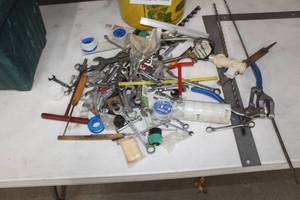 lot 1121 image: Hand Tools (in plastic bucket)  with Square, Wrenches, T-Handle Tool, Misc. Hardware and Tools