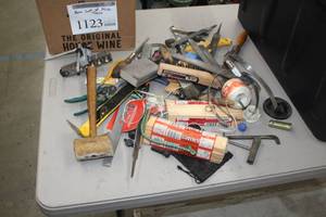 lot 1123 image: Hand Tools (in bin)  with Metal Files, Pliers, Screwdrivers, Scratch Brush, Wood Shims, Mallet, Pry Bar, Snips and more