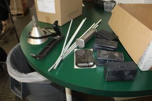 lot 1144 image: Misc  with Metal Funnel, Threaded Rods, Hand Planer, Plastic Cases, and more