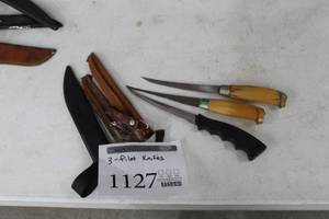 lot 1127 image: Lot of (3) Fish Filet Knives  - Leather Sheaths