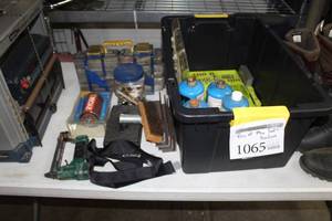 lot 1065 image: Tools, Hardware  with Drill Sets, Propane Tanks, Parts Organizer, Hardware, Ryobi 50 Grit Grinding Wheels, Pneumatic Nail gun, Misc Tools and Hardware