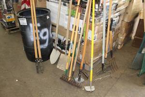 lot 1038 image: Lot of (Approximately 12) Yard Hand Tools  - Post Hole Digger, Garden Rakes, Spade, Flat Shovel, Edger, Hoe and more