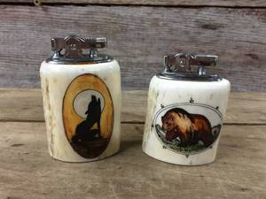 lot 43 image: 2 Vintage Antler-look Wildlife Table Lighter