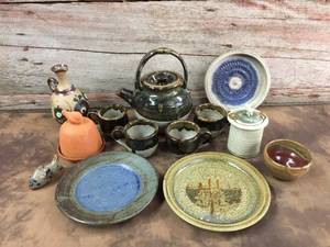 lot 99 image: Hand Crafted Signed Artisan Pottery Drink Set Etc.