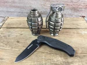 lot 114 image: Vintage Hand Grenade Novelty Lighter & Kobalt Knife