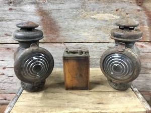 lot 186 image: Pair Antique Model T Lantern Headlights & Coil