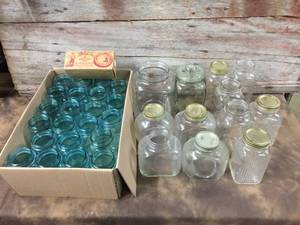 lot 248 image: Vintage Blue Mason Jars & Pattern Glass Jars