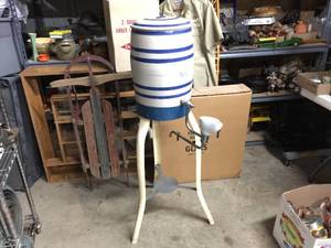 lot 2 image: Fabulous Vintage R.R.P. Co. 6 Gallon Crock Fountain Cooler with Stand.