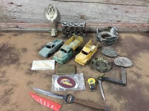 lot 274 image: Vintage Hubley - Belt Buckles - Coin Changer - Knives - Ornaments - Harley