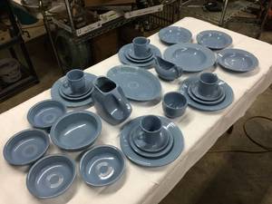 lot 258 image: Periwinkle Blue Fiesta Ware - Pitcher - Cups - Dishes - Bowls