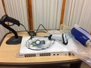 lot 24 image: Lot of 2 Symbol Barcode Scanners, Oxygen Regulator Gauge, and Philips 862114 Rack Mountable Telemetry Sync Unit