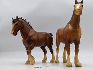 lot 100-BREYER-04 image: Vintage Breyer Horses- Clydesdale Bay with Red White Bobs & Clydesdale Stallion Mare Foal
