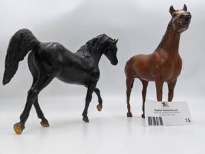 lot 100-BREYER-15 image: 2 Vintage Breyer Horses-Black Arabian Stallion & A Mahogany Bay Thoroughbred with halter