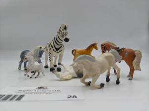 lot 100-BREYER-28 image: Vintage Breyer Dapple Grey Stallion, Sorrel With Saddle, Mustang Foal, Arabian Foal, Vintage Zebra
