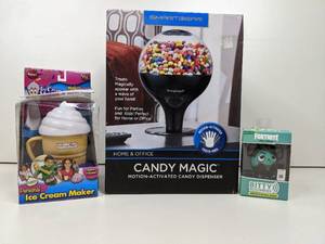 lot 56 image: Fun At Home GiftsNEW In Boxes- Candy Magic Candy Dispenser Personal Ice Cream Maker Fortnite Bitty Boomers Speaker