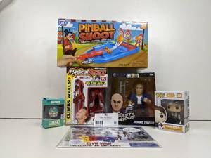 lot 60 image: Little Man Gift CollectionNEW IN BoxesPinball Shoot Radical Racers Car Fast and The Furious Diecast Dom Action Figure Pop Hans Solo Bobble-Head, Fortnite Speaker, Marvel Civil War Stickers