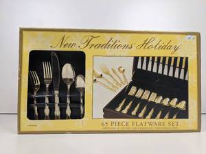 lot 08 image: New Traditions 65 Piece 24 Karat Gold-Plated Flatware Set-Service for 12 Brand New Sealed Box $200 Value